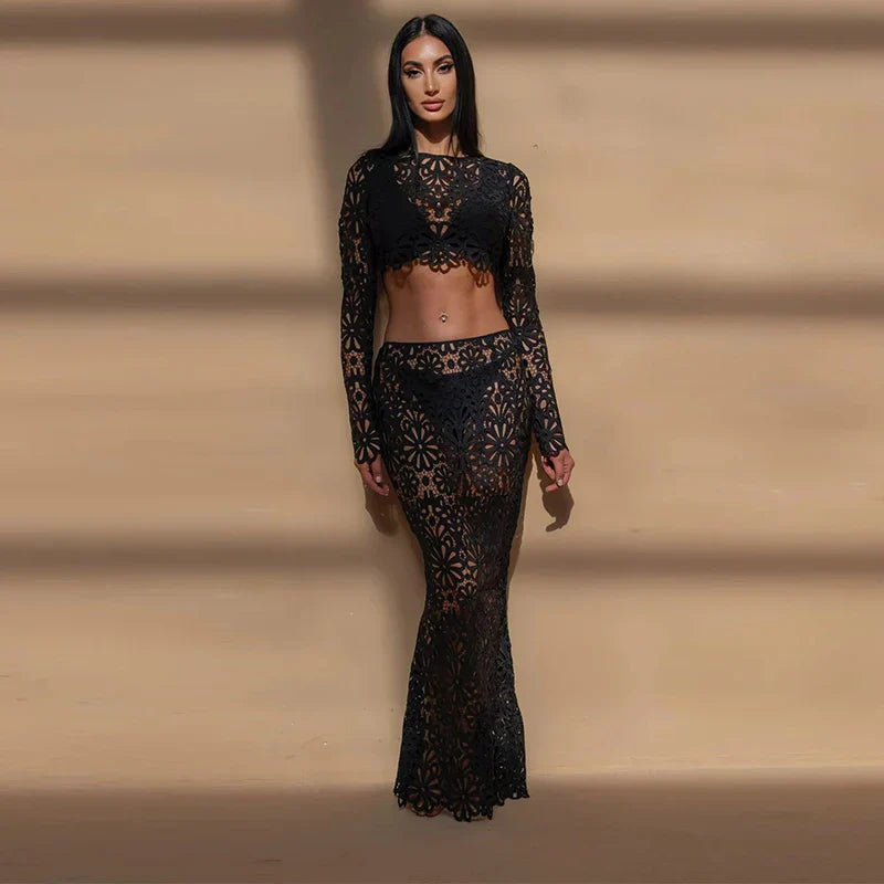 DELACROIX | ENSEMBLE EN CROCHET FLEURI AVEC JUPE LONGUE