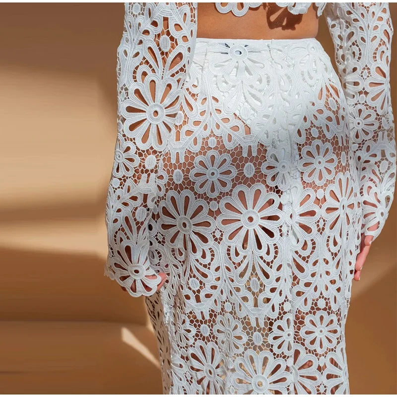 DELACROIX | ENSEMBLE EN CROCHET FLEURI AVEC JUPE LONGUE